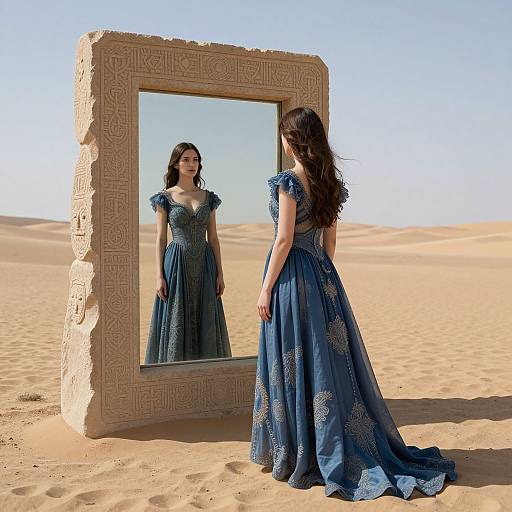 Photograph of a woman in a blue, patterned, floor-length gown standing in a desert, facing an ornate, rectangular mirror reflecting her image
