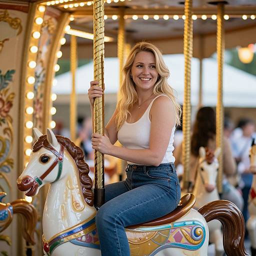 Blonde woman in white tank top and blue jeans, smiling while riding a colorful, ornate carousel horse, surrounded by warm lights.