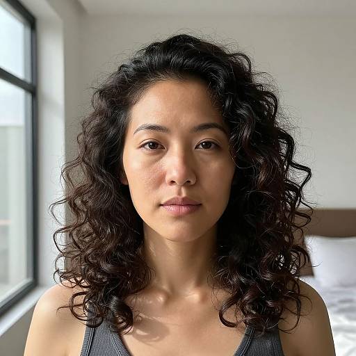 Photograph of a young Asian woman with curly black hair, wearing a gray tank top, standing in a bright, minimalist bedroom.