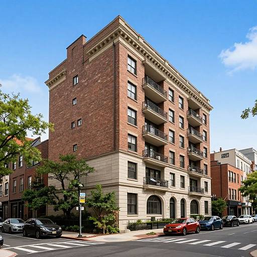 Photograph of a red-brick, five-story apartment building with black iron balconies, white stone base, parked cars, and a bright blue sky
