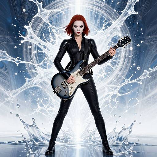 Digital art of a red-haired woman in a black leather suit, playing an electric guitar, surrounded by dynamic white water splashes.