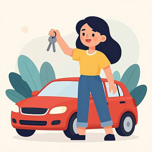 Cartoon of a smiling woman with black hair, yellow shirt, and blue pants, holding car keys, standing beside a red car.