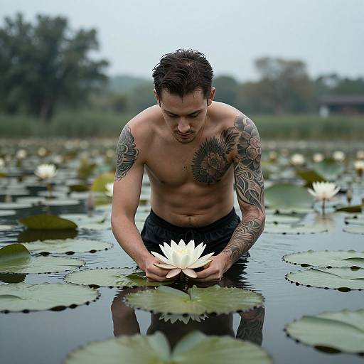 Tattooed, shirtless man with short dark hair, holding white lotus in water lily pond, surrounded by lily pads, blurred