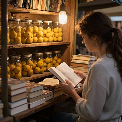 Photograph of a woman with curly brown hair reading a book in a warmly lit, wooden bookshelf filled with jars of yellow lemons.