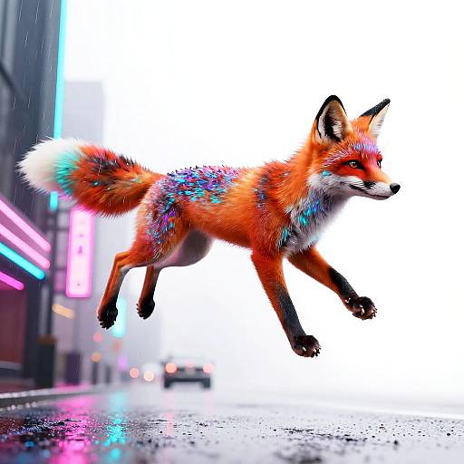 Digital art of a vibrant, multicolored fox mid-leap on a neon-lit, rain-soaked city street, with glowing neon signs in