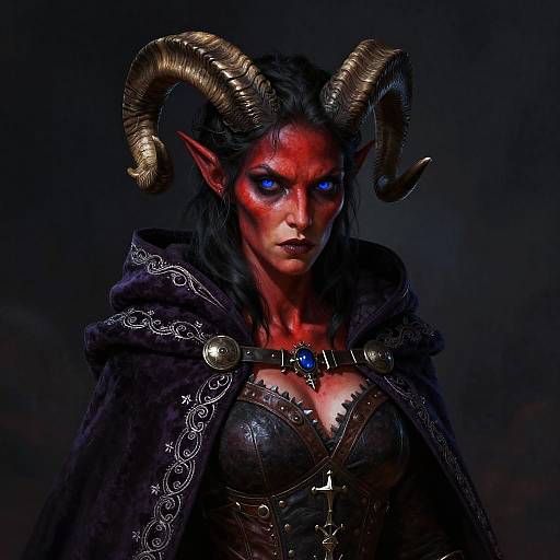 Digital art of a fierce, red-skinned demon woman with blue eyes, large curved horns, and black fur cloak, adorned with intricate silver embroidery and