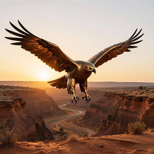 Bronze Eagle with Glowing Eyes in Desert Canyon