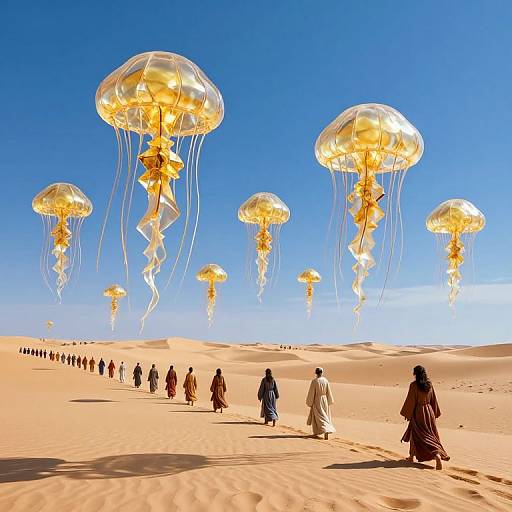 Photograph of a desert with golden jellyfish-like balloons floating above, and a line of people in traditional robes walking below under a clear blue sky.