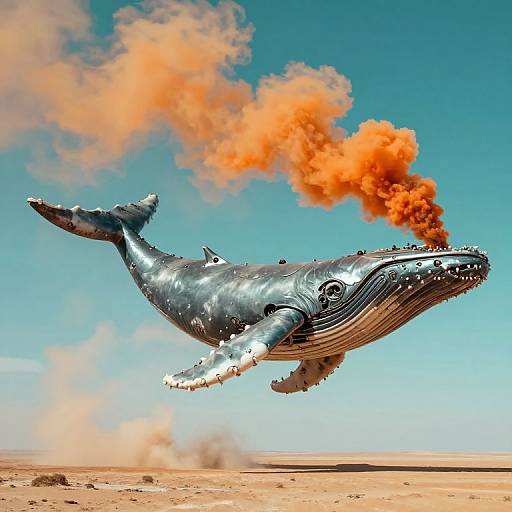 Photorealistic digital artwork of a metallic, fire-breathing, flying blue whale with orange smoke, soaring over a desert landscape.