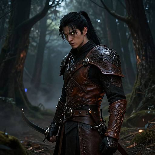 Digital artwork of a serious, black-haired warrior in dark leather armor with intricate metal shoulder plates, holding a sword in a misty, blue-toned