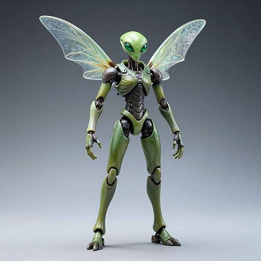 CGI image of a green, insectoid alien with translucent, insect-like wings, standing on two legs, set against a gradient gray background.