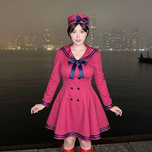 Photograph of an Asian woman in a red sailor-style dress and matching hat with blue ribbon, standing by a foggy waterfront at night, city skyline