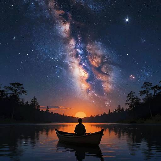 Silhouetted person in canoe on calm lake, gazing at vibrant Milky Way and stars, sunset glowing on horizon, surrounded by dark trees.