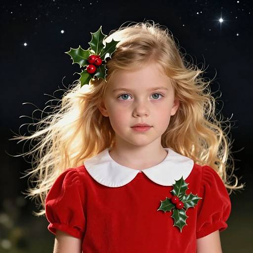 Photograph of a blonde, blue-eyed young girl with wavy hair, wearing a red dress with white collar, holly hair accessory, against a