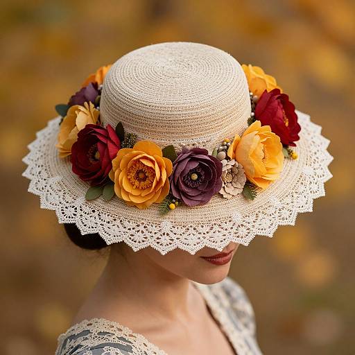 Photograph of a woman in a white straw hat adorned with orange, yellow, and burgundy flowers, and lace trim, set against a blurred autumn