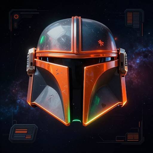 Digital art of a glowing Mandalorian helmet with orange and green accents, set against a dark, starry space background.