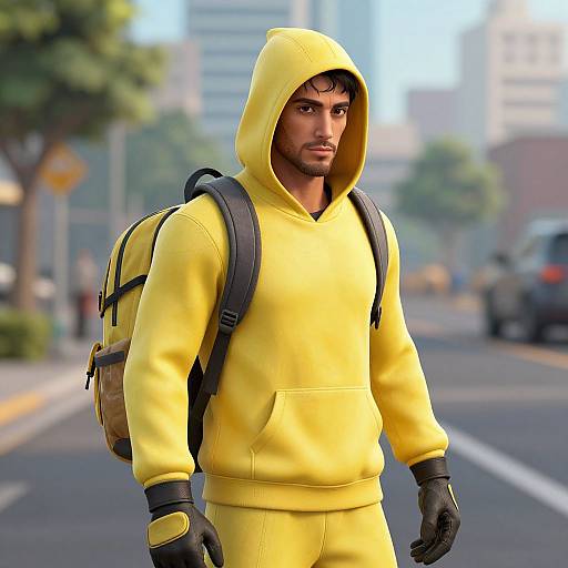 Photorealistic CGI of a handsome man in a bright yellow hooded sweatshirt, black gloves, and backpack, standing on a city street.