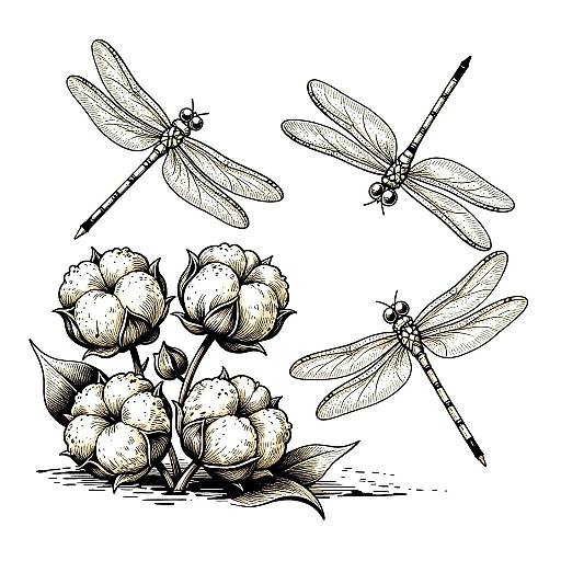 Ornate Dragonflies and Cotton Flowers