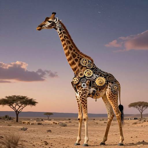 Digital artwork of a giraffe adorned with intricate, circular patterns against a sunset-lit African savanna, featuring sparse trees and a starry sky.