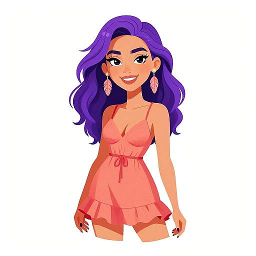 Digital illustration of a smiling woman with purple hair, wearing a pink, sleeveless, ruffled dress and pink feather earrings.