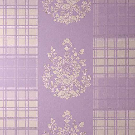 Purple plaid wallpaper with white floral and grid patterns; vertical stripes alternate between floral and grid designs. Ornate, vintage style.