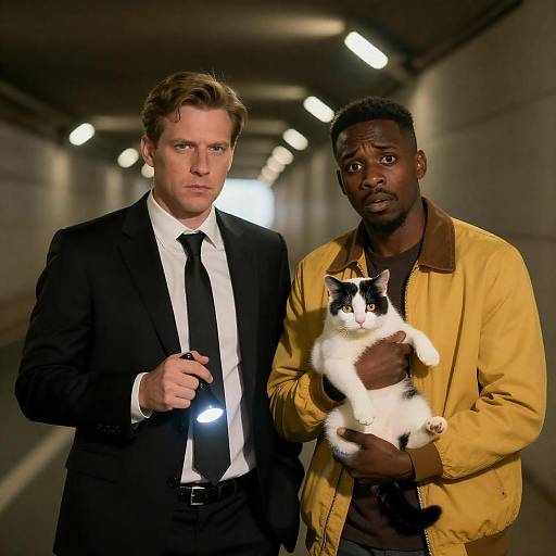 Two Men in Dim Tunnel with Cat