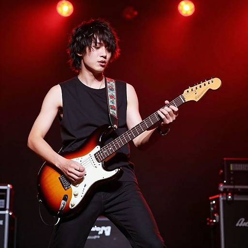 Photograph of an Asian male musician with messy black hair, wearing a black sleeveless shirt, playing a sunburst electric guitar on stage under red stage