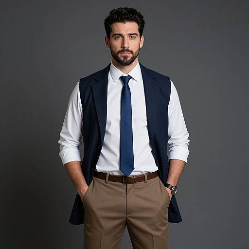 Photograph of a bearded man with dark hair, wearing a white shirt, navy tie, dark vest, and brown pants, hands in pockets,