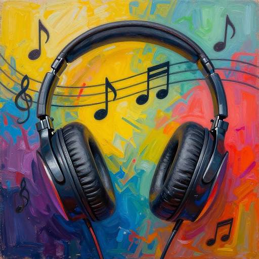 Digital painting of black headphones with musical notes on a vibrant, abstract background of yellow, blue, green, and red splashes.