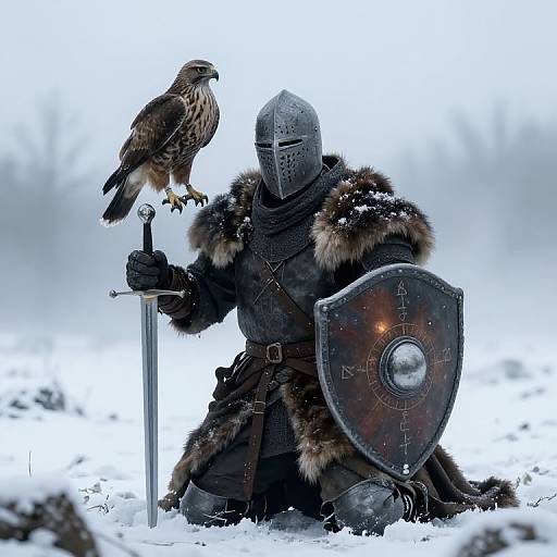 Photograph of armored knight with helmet, fur-trimmed coat, sword, and round shield, kneeling in snow, with a hawk perched on