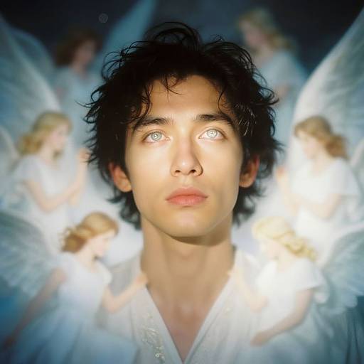 Photograph of a young man with curly black hair, intense blue eyes, and fair skin, surrounded by ethereal, glowing angelic figures in white