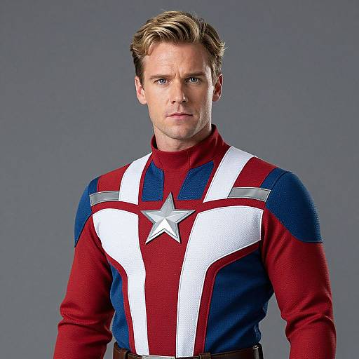 Photograph of a serious-looking man with blond hair, wearing a red, blue, and white Star-Spangled Man costume, featuring a large white