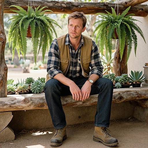 Photograph of a handsome, blond Caucasian man with light stubble, wearing a plaid shirt, brown vest, and jeans, sitting on a wooden