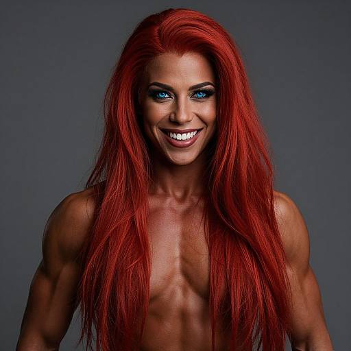 Photograph of a muscular, topless woman with vibrant red hair and striking blue eyes, smiling directly at the camera against a dark gray background.