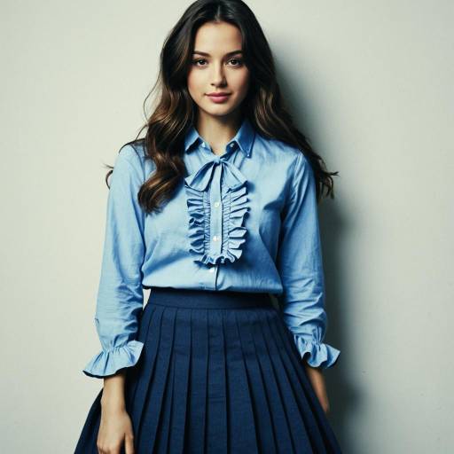 Chic Woman in Blue Ruffle Shirt