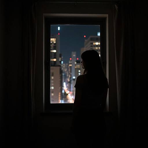 Silhouetted woman standing by a window at night, gazing at a cityscape with blurred, colorful lights. Dark room contrasts with illuminated urban