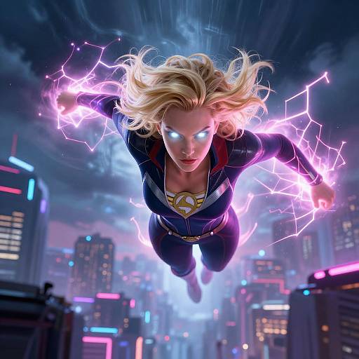 Blonde Superhero Soaring Over Neon City