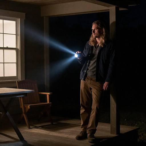 Blonde Man on Porch with Flashlight