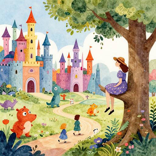 Whimsical watercolor painting of a girl in a purple polka-dot dress sitting on a tree, watching colorful castle, children, and animals in