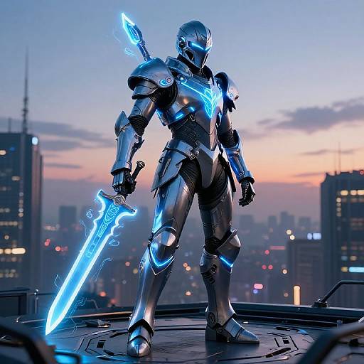 Neon Sci-Fi Knight on Cyberpunk Platform