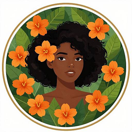 Digital illustration of a dark-skinned woman with curly black hair, surrounded by vibrant orange flowers and green leaves, framed in a circular border.