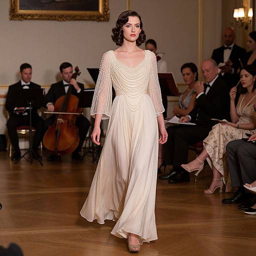 Photograph of a brunette woman in a sheer, long-sleeved white gown with intricate lace, walking a fashion runway in an elegant, ornately