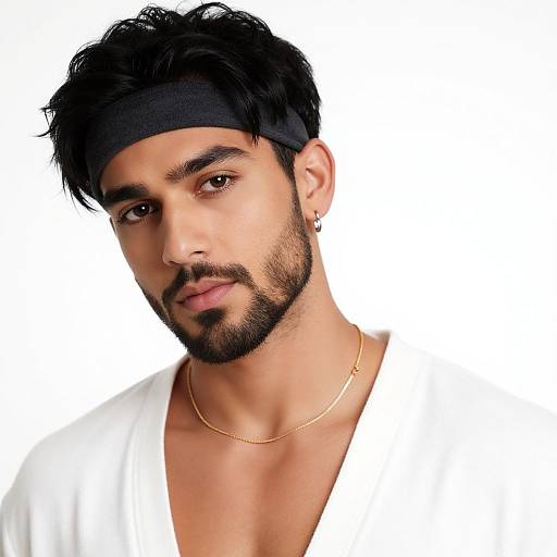 Photograph of a young man with medium skin tone, black hair, beard, black headband, gold necklace, white shirt, and earring,