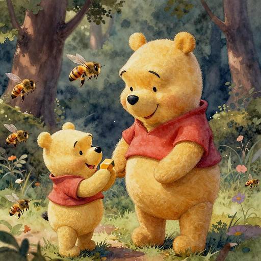 Hyperrealistic Watercolor of Winnie the Pooh with Bees