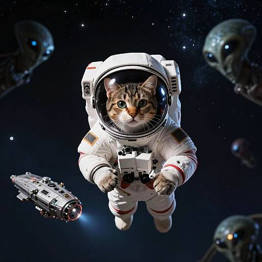 Cat Astronaut in Space with Aliens