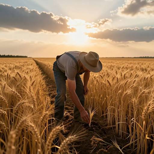 Photograph of a farmer bending over a golden wheat field at sunset, wearing a hat, white shirt, and blue jeans, with a path of sun