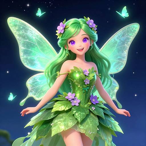 Cheerful Green Fairy with Butterfly Wings