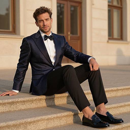 Photograph of a handsome man with short brown hair, light beard, wearing a black tuxedo, white shirt, black bow tie, and black