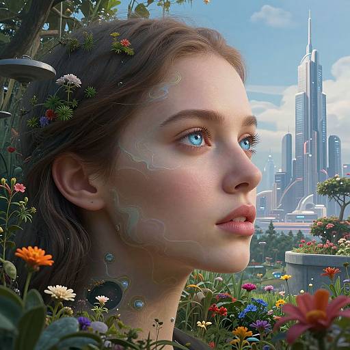 Digital artwork of a young woman with blue eyes, surrounded by colorful flowers, wearing a floral crown, with city skyscrapers in the background, featuring