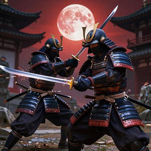 Two samurai in black armor with red accents duel under a bright red moon, holding glowing swords in a traditional Japanese village.